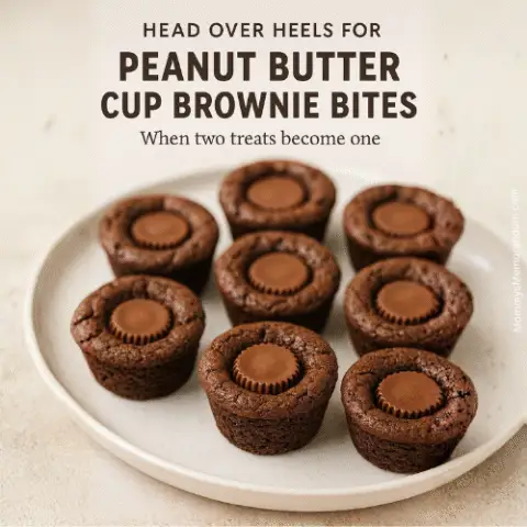 Close-up image of peanut butter cup brownie bites arranged on a white plate, shot with a macro lens. Each bite-sized brownie has a miniature peanut butter cup nestled in the center, with rich, fudgy texture and crisp edges. Text overlay reads &ldquo;Bite Me, Brownie! Peanut Butter Cup Brownie Bites.&rdquo;