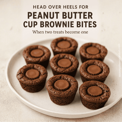 Close-up image of peanut butter cup brownie bites arranged on a white plate, shot with a macro lens. Each bite-sized brownie has a miniature peanut butter cup nestled in the center, with rich, fudgy texture and crisp edges. Text overlay reads “Bite Me, Brownie! Peanut Butter Cup Brownie Bites.”
