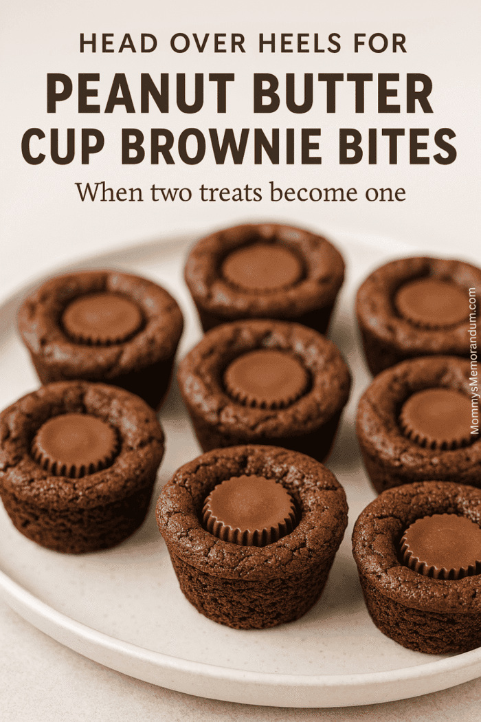 Peanut Butter Cup Brownie Bites Recipe Peanut butter cup brownie bites arranged on a white plate with fudgy chocolate texture and peanut butter centers