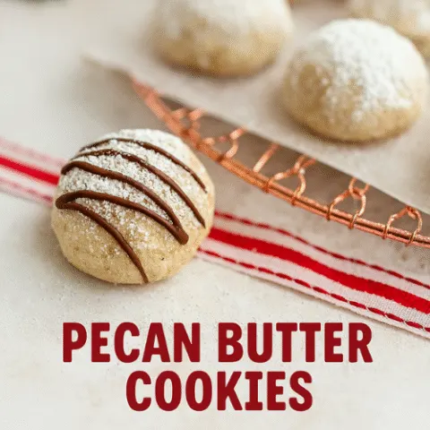 Festive pecan butter cookies dusted with powdered sugar and drizzled with chocolate, styled on a rustic table with holiday decor including pine sprigs, red ornaments, and fairy lights. Shot with a Canon EOS R10 and RF 35mm macro lens for crisp detail and cozy ambiance.