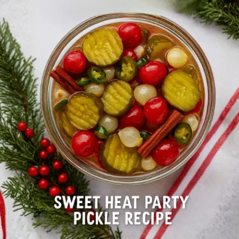Close-up of a festive glass bowl filled with sliced dill pickles, candied cherries, pearl onions, jalape&ntilde;os, and cinnamon sticks, styled with holiday decor including evergreen sprigs and red berries. Text overlay reads &ldquo;Dill-iciously Naughty & Nice&rdquo; and &ldquo;Sweet Heat Christmas Pickles.&rdquo;