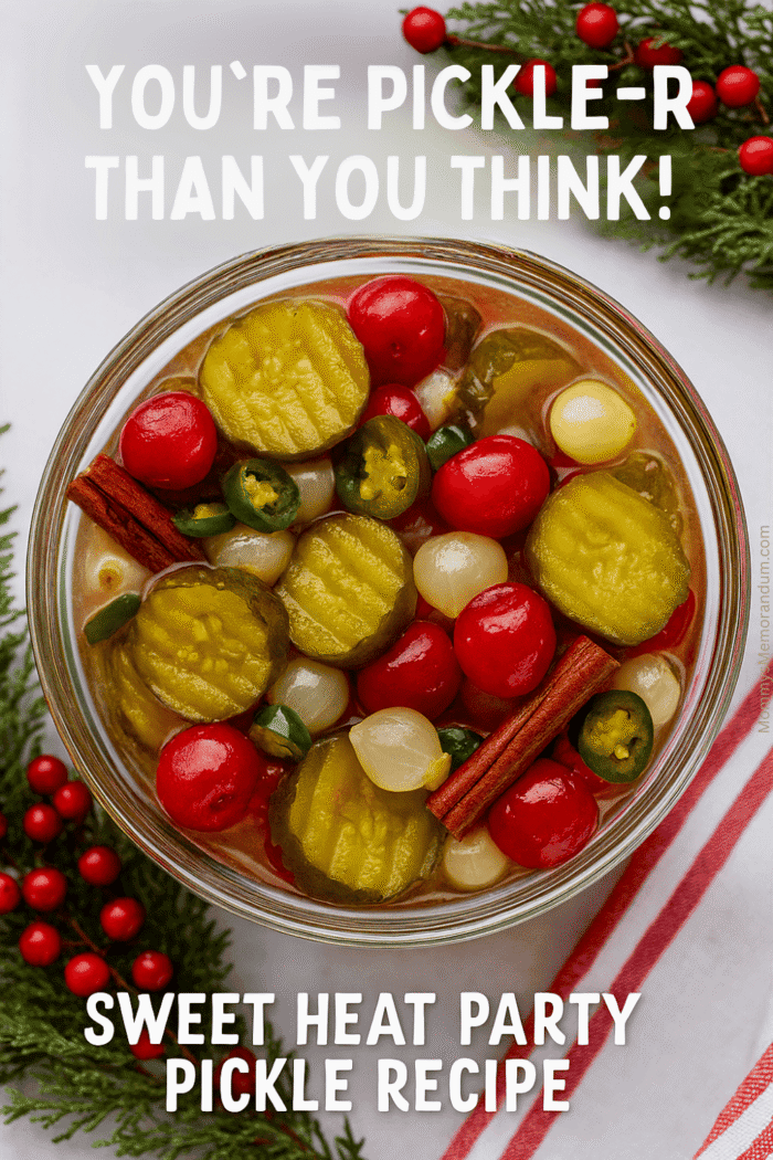 Sweet Heat Christmas Pickles in a holiday-themed bowl with dill pickles, candied cherries, pearl onions, jalape&ntilde;os, and cinnamon sticks. A festive Christmas pickle recipe perfect for holiday entertaining.