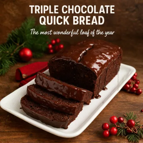 A festive holiday Triple Chocolate Quick Bread loaf photographed with a Canon EOS R10 and RF 35mm macro lens, featuring a rich chocolate loaf topped with glossy chocolate glaze, sliced on a white platter with Christmas greenery and red berries in the background.