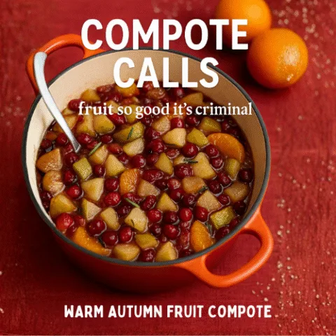 Overhead shot of a steaming pot of Warm Autumn Fruit Compote featuring sliced apples, cubed pears, cranberries, and orange segments in a glossy sauce, garnished with rosemary. The red-orange pot sits on a festive red tablecloth with whole oranges nearby. Text overlay reads &ldquo;Compote Calls&rdquo; and &ldquo;fruit so good it&rsquo;s criminal.&rdquo;