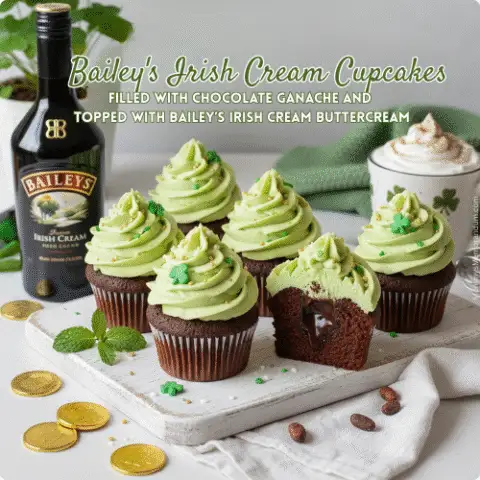 A professional Pinterest-style flat-lay on a wooden surface featuring chocolate cupcakes with tall swirls of beige buttercream frosting. A full bottle of Bailey's Irish Cream sits next to a mug of hot cocoa topped with whipped cream. Festive St. Patrick's Day decor like shamrocks and green accents are scattered around. High-end photography with soft bokeh.
