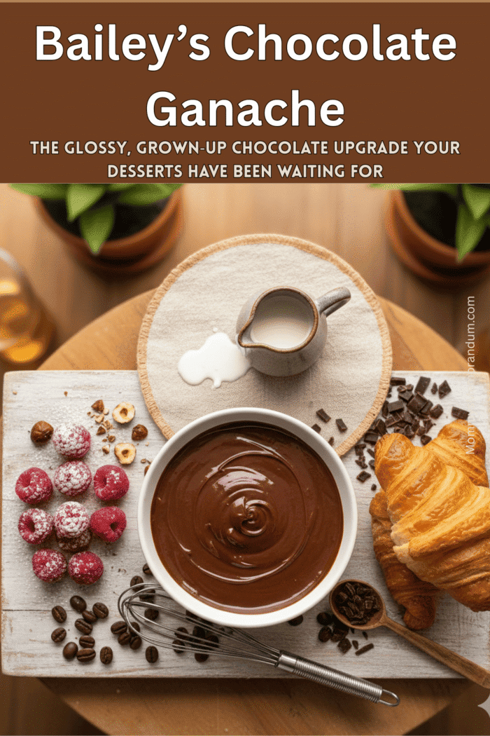 A professional top-down flat-lay of a white bowl filled with glossy dark chocolate ganache. Surrounding the bowl are fresh sugared raspberries, golden croissants, coffee beans, and a wire whisk on a rustic white wooden board. Warm, bright lighting and soft bokeh background.