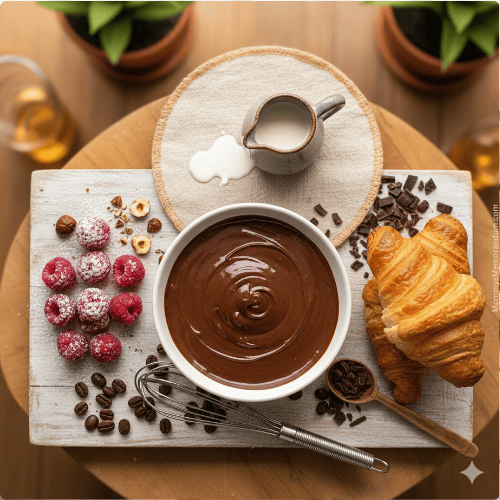 A professional top-down flat-lay of a white bowl filled with glossy dark chocolate ganache. Surrounding the bowl are fresh sugared raspberries, golden croissants, coffee beans, and a wire whisk on a rustic white wooden board. Warm, bright lighting and soft bokeh background.
