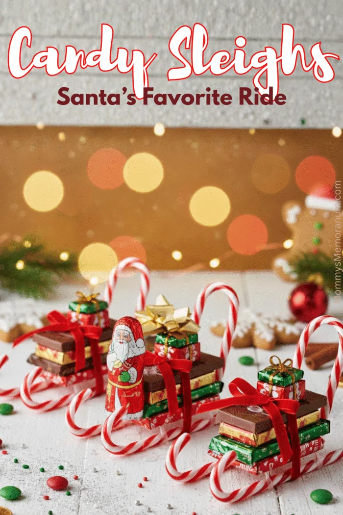 An ultra-realistic professional flat-lay photograph of three handmade Christmas sleighs made from candy. Each sleigh has two striped red and white candy canes as runners, topped with a stack of chocolate bars and small wrapped candies to look like presents, all tied together with a thin red velvet ribbon. The background features soft golden bokeh lights, gingerbread cookies, and pine branches on a rustic white wood surface.
