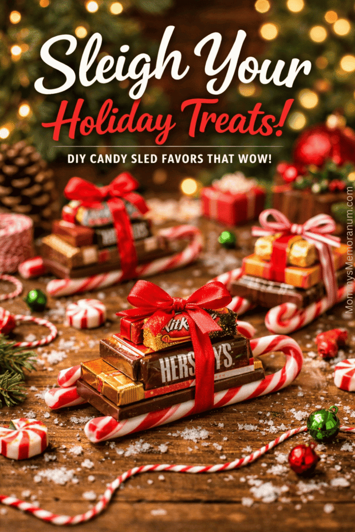 Ultra-realistic Pinterest-style Christmas flat lay of candy sleds made from chocolate bars, candy canes, and wrapped candies, stacked like gifts and tied with ribbons, with blurred twinkling lights, ornaments, and festive decorations in the background.