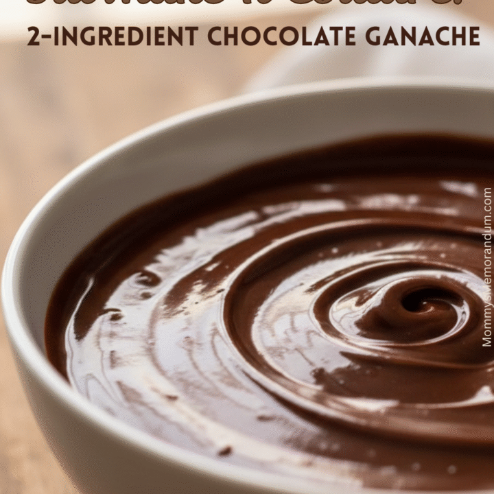 A close-up, high-definition image of a perfectly smooth and glossy dark chocolate ganache swirled in a white ceramic bowl. The focus is on the rich, reflective surface of the ganache, showcasing its thick, pourable texture. The background is softly blurred, hinting at a warm, rustic wooden surface.