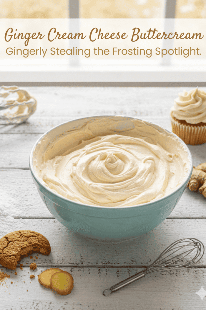 Whipped ginger cream cheese frosting in a blue bowl with baking tools and fresh ginger on a white table