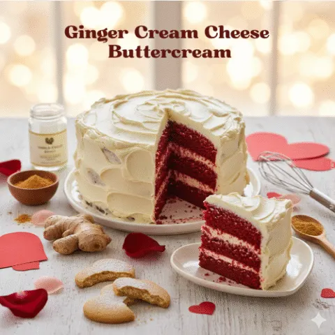 n 8k ultra-realistic overhead shot of a beautiful layered red velvet cake with thick, white ginger cream cheese frosting. The scene is styled for Valentine's Day with warm, playful lighting, a shallow depth of field, and a soft bokeh background.