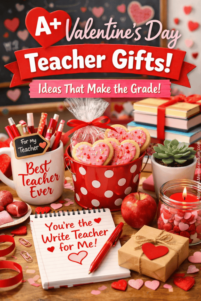 A+ Valentine’s Day Teacher Gifts: Thoughtful Ideas That Score Big Valentine’s Day teacher gift setup with heart-shaped cookies, personalized mug reading 'Best Teacher Ever,' wrapped books, succulent plant, candle, and a handwritten note saying 'You're the Write Teacher for Me,' styled on a wooden desk with playful Valentine-themed decorations.