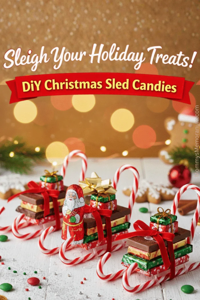 An ultra-realistic professional flat-lay photograph of three handmade Christmas sleighs made from candy. Each sleigh has two striped red and white candy canes as runners, topped with a stack of chocolate bars and small wrapped candies to look like presents, all tied together with a thin red velvet ribbon. The background features soft golden bokeh lights, gingerbread cookies, and pine branches on a rustic white wood surface.
