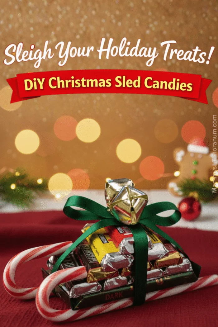 An ultra-realistic professional flat-lay photograph of three handmade Christmas sleighs made from candy. Each sleigh has two striped red and white candy canes as runners, topped with a stack of chocolate bars and small wrapped candies to look like presents, all tied together with a thin red velvet ribbon. The background features soft golden bokeh lights, gingerbread cookies, and pine branches on a rustic white wood surface.