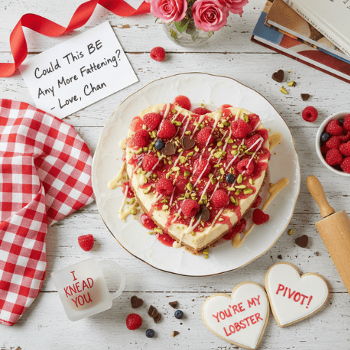 A high-resolution professional flat-lay of a heart-shaped cheesecake topped with raspberries and white chocolate drizzle on a white wooden table. Beside the cake is a handwritten note that says 
