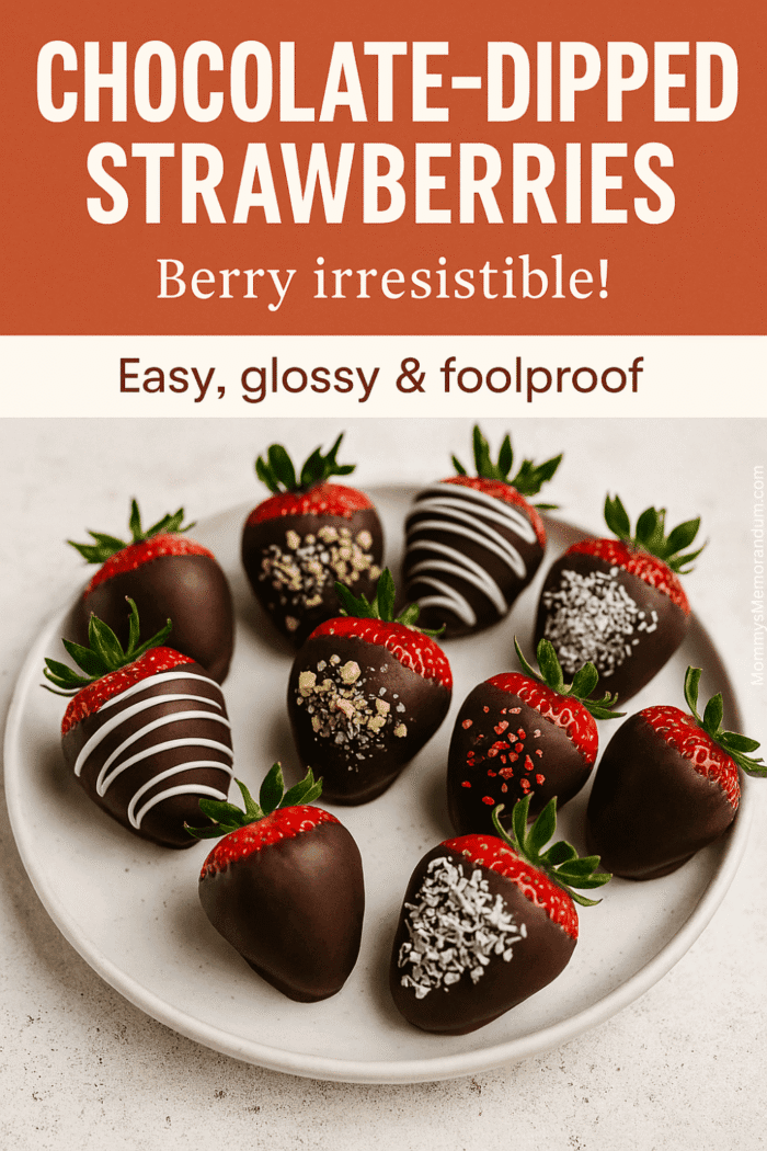 Glossy chocolate-dipped strawberries with white chocolate drizzle on a plate