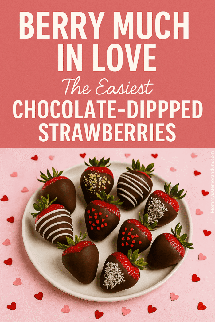 Valentine&rsquo;s Day chocolate-dipped strawberries with white chocolate drizzle, heart sprinkles, and festive toppings on a pink background