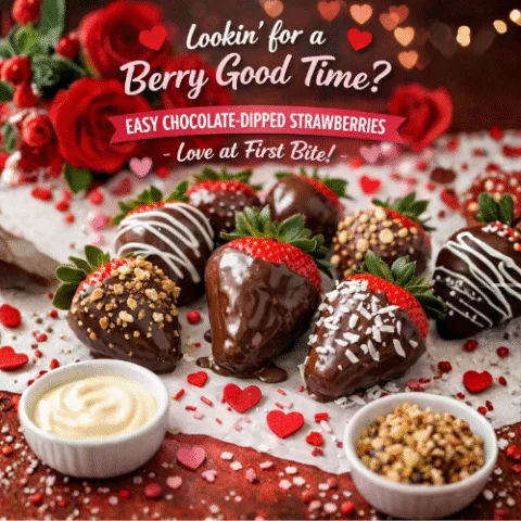 Chocolate-dipped strawberries with white chocolate drizzle and toppings on a Valentine&rsquo;s Day themed background with hearts and roses