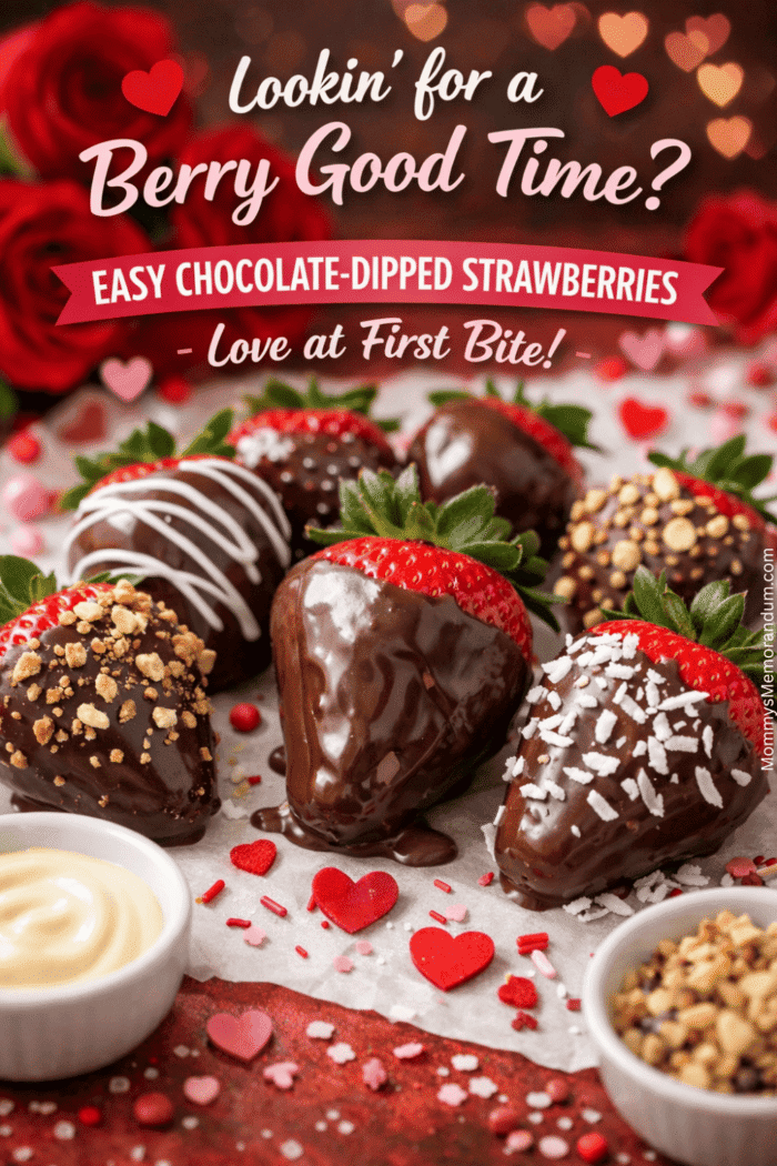 Chocolate-dipped strawberries with white chocolate drizzle and Valentine&rsquo;s Day toppings arranged on parchment paper