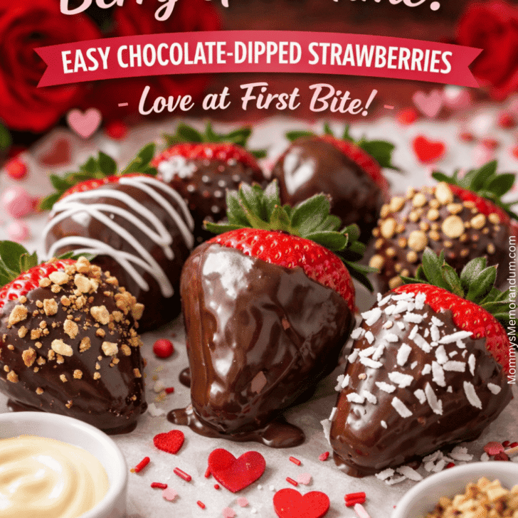 Chocolate-dipped strawberries with white chocolate drizzle and toppings on a Valentine’s Day themed background with hearts and roses