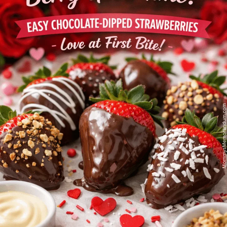 Chocolate-dipped strawberries with white chocolate drizzle and toppings on a Valentine&rsquo;s Day themed background with hearts and roses