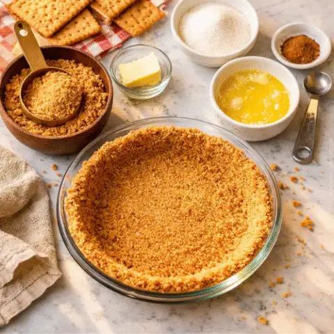 Overhead flat-lay of a homemade graham cracker crust pressed into a glass pie dish, surrounded by graham cracker crumbs, melted butter, sugar, cinnamon, and whole graham crackers on a marble surface with warm lighting