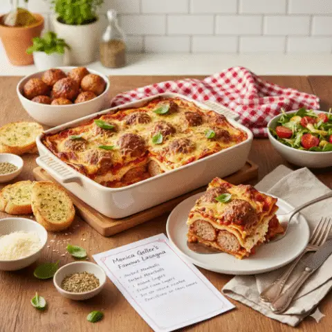 An 8k professional food photography flat-lay of Monica Geller&rsquo;s meatball lasagna in a white ceramic baking dish. A single slice is plated on the side, showing visible layers of herbed meatballs and ricotta. The scene includes garlic bread, a fresh side salad, and a handwritten recipe card on a warm wooden table with soft bokeh lighting.