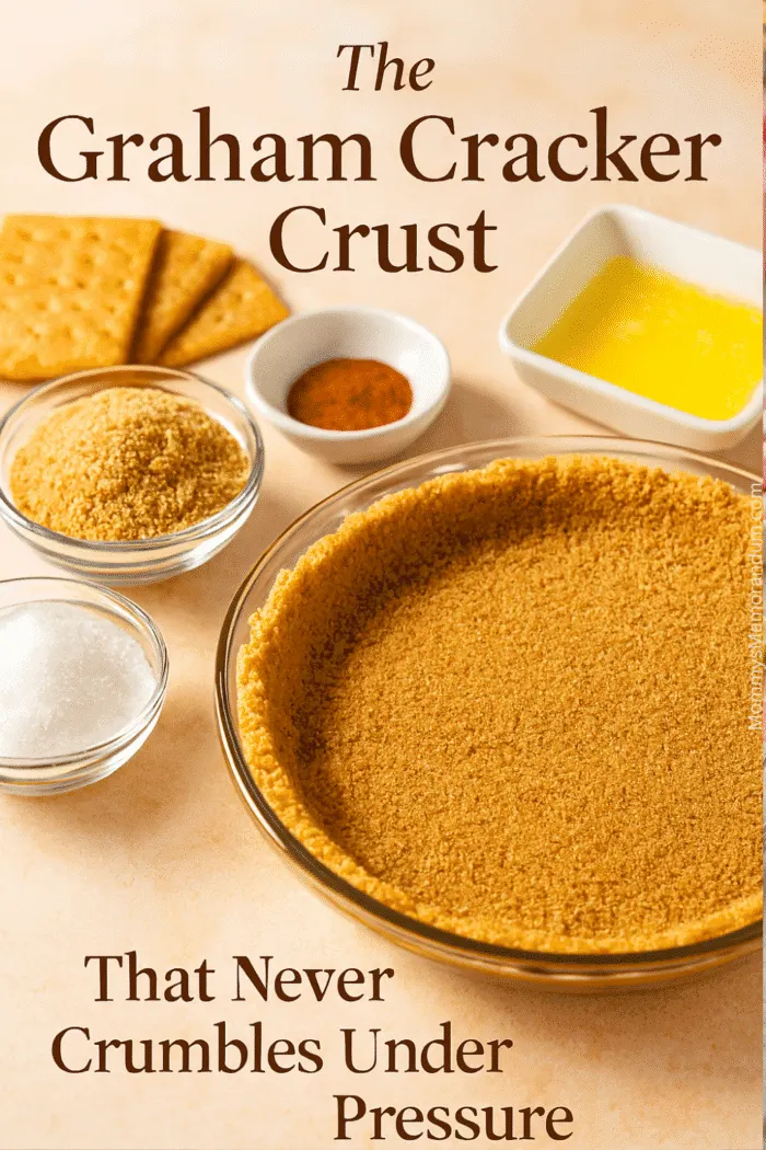 Golden graham cracker crust in a glass pie dish surrounded by crumbs, butter, sugar, and cinnamon on a warm-toned surface.