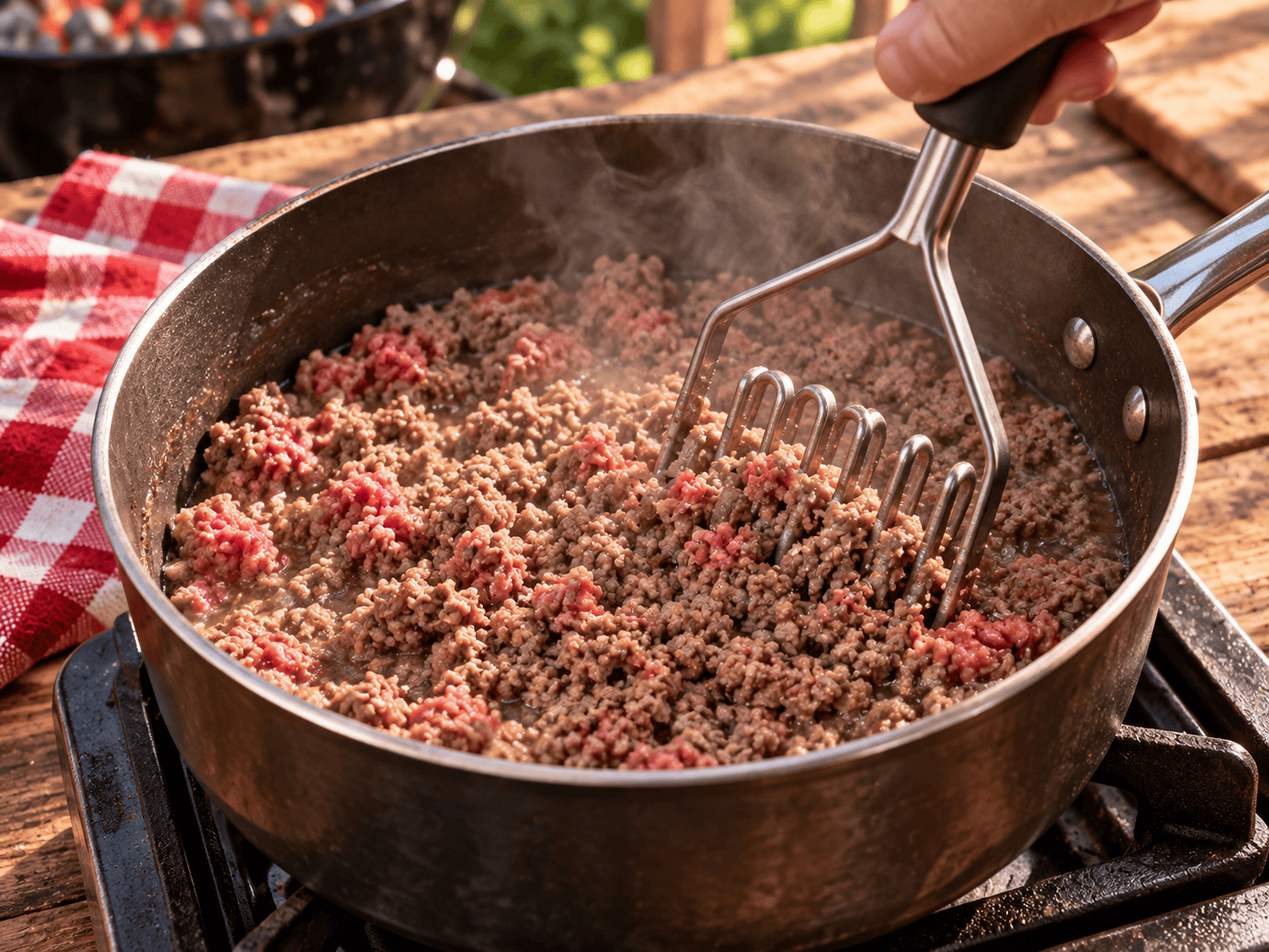 Ground beef and water being broken into fine crumbles with a potato masher for hot dog chili