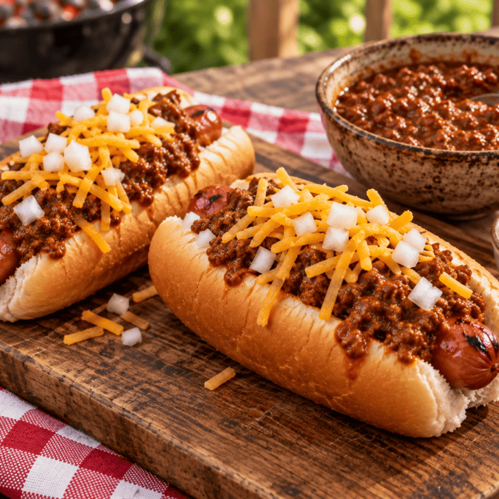 Chili cheese dogs topped with homemade hot dog chili, shredded cheddar cheese, and diced onions