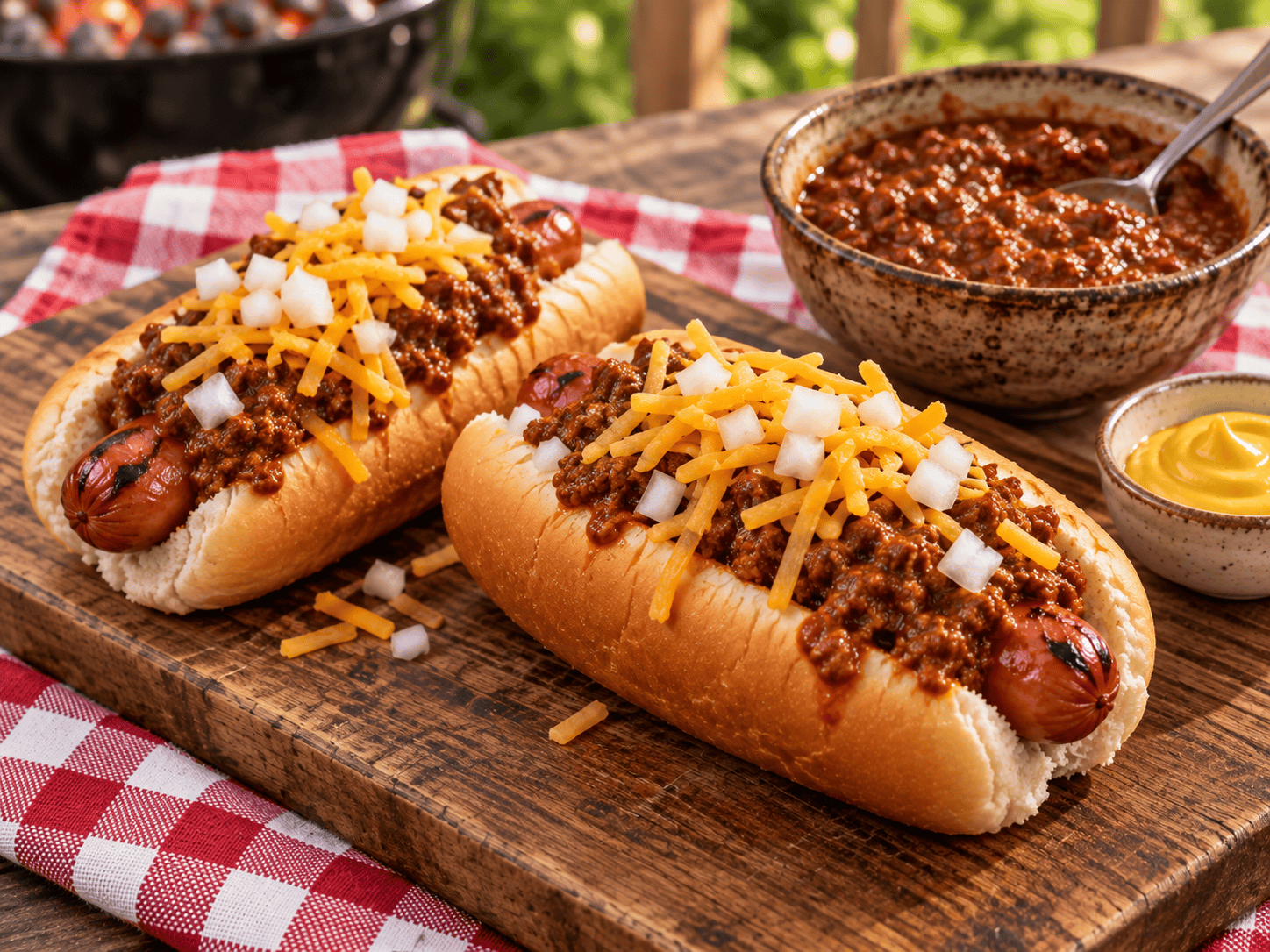 Chili cheese dogs topped with homemade hot dog chili, shredded cheddar cheese, and diced onions