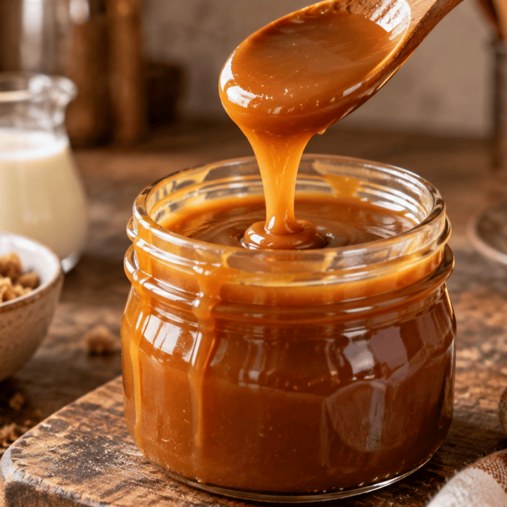 Homemade caramel sauce dripping from a wooden spoon into a glass jar with brown sugar, cream, and butter nearby.