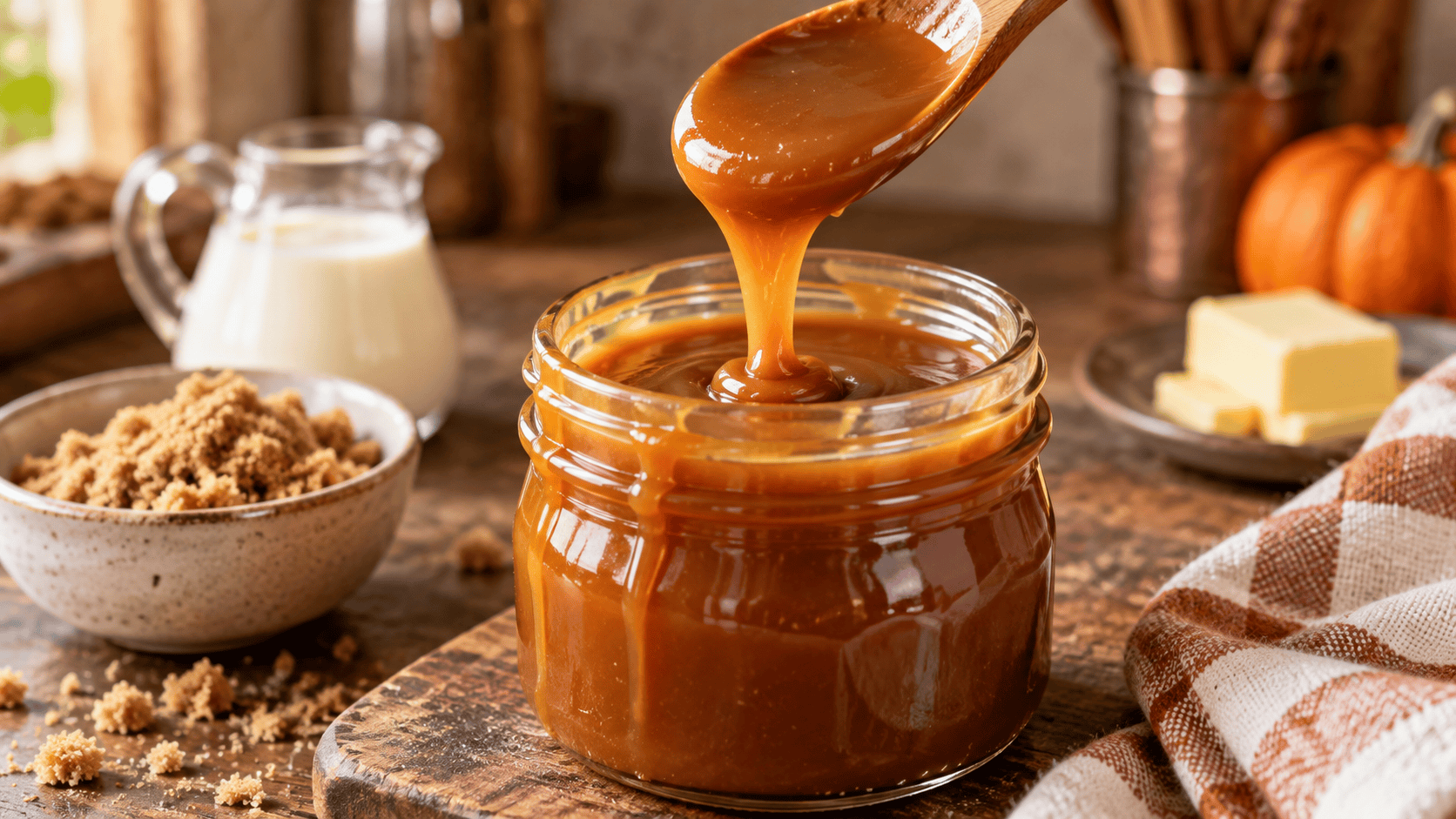 Homemade caramel sauce dripping from a wooden spoon into a glass jar with brown sugar, cream, and butter nearby.