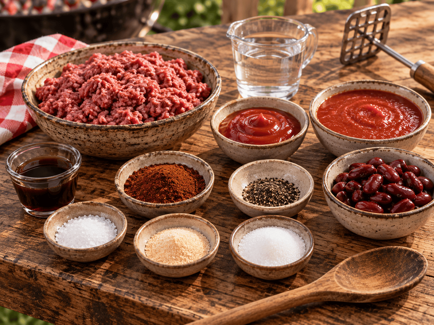 Ingredients for homemade hot dog chili including ground beef, ketchup, tomato sauce, chili powder, Worcestershire sauce, water, seasonings, and optional kidney beans
