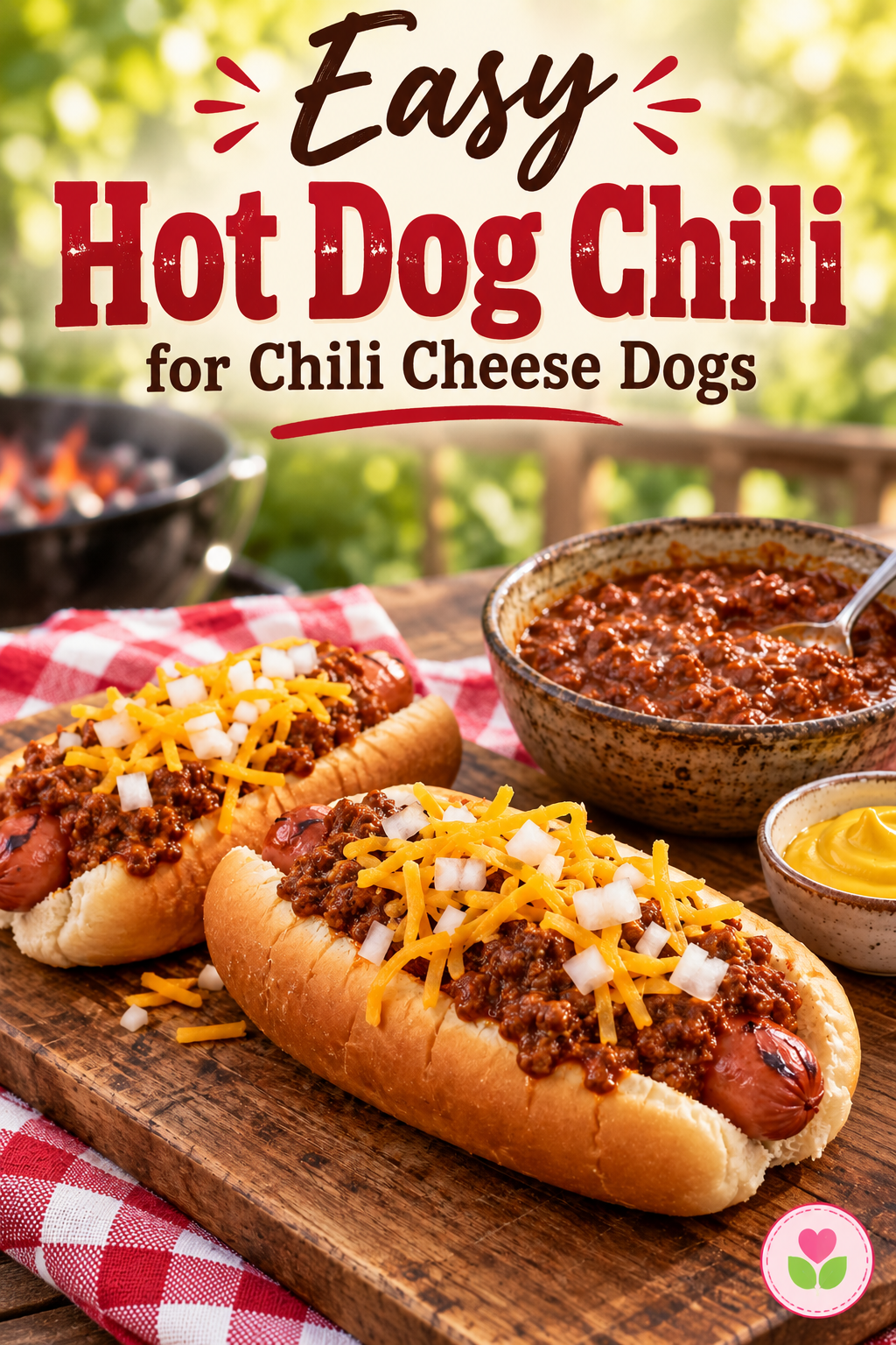 Easy hot dog chili recipe for chili cheese dogs with homemade ground beef chili, cheddar cheese, and diced onions