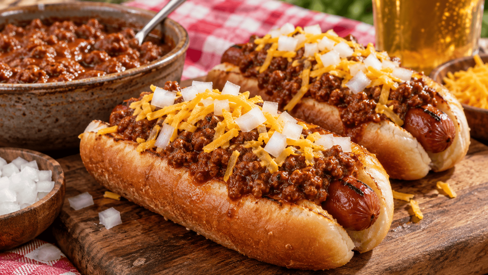 Easy hot dog chili spooned over grilled hot dogs with shredded cheddar cheese and diced onions