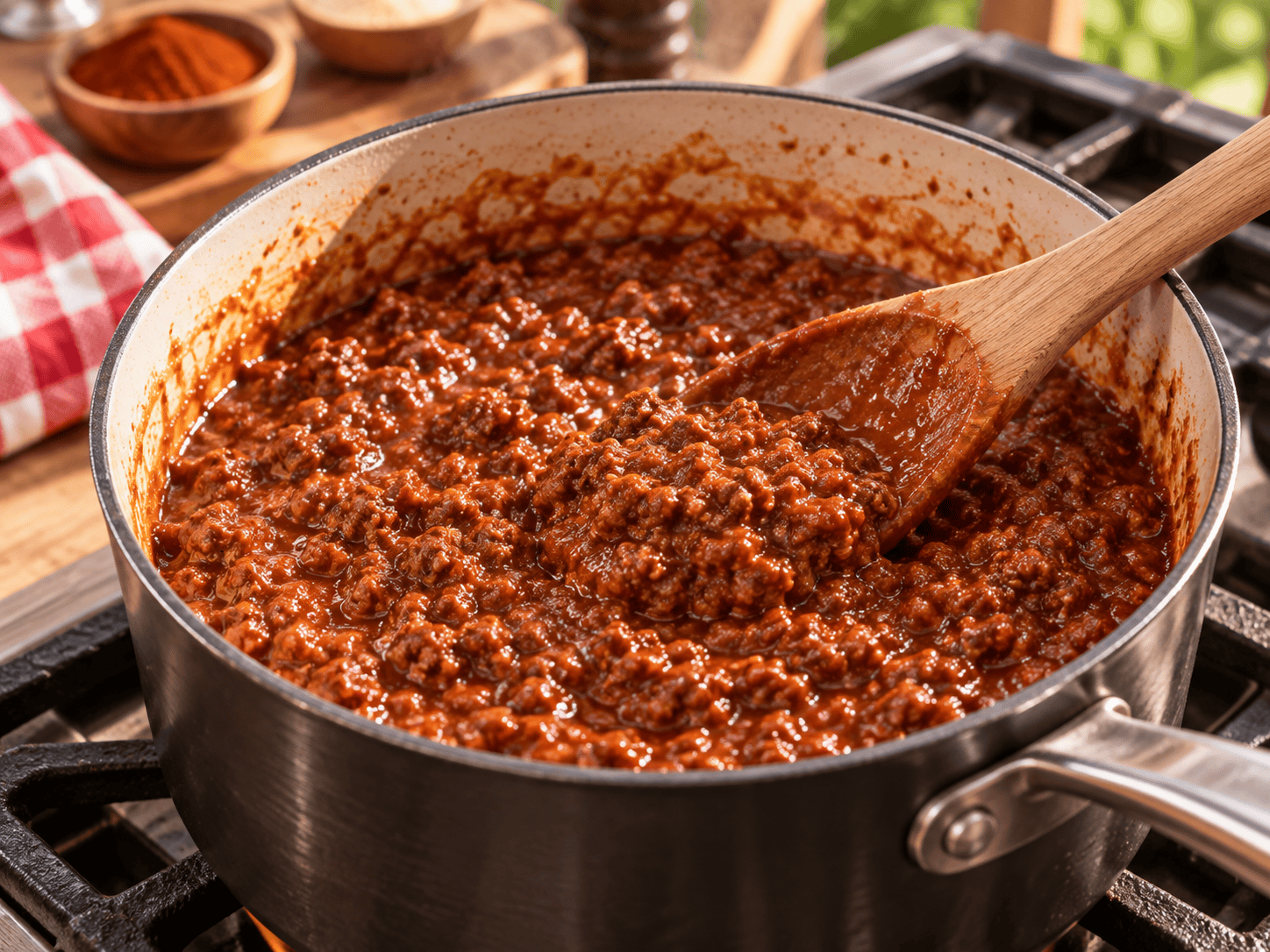 Homemade hot dog chili simmering in a saucepan until thick with finely crumbled ground beef