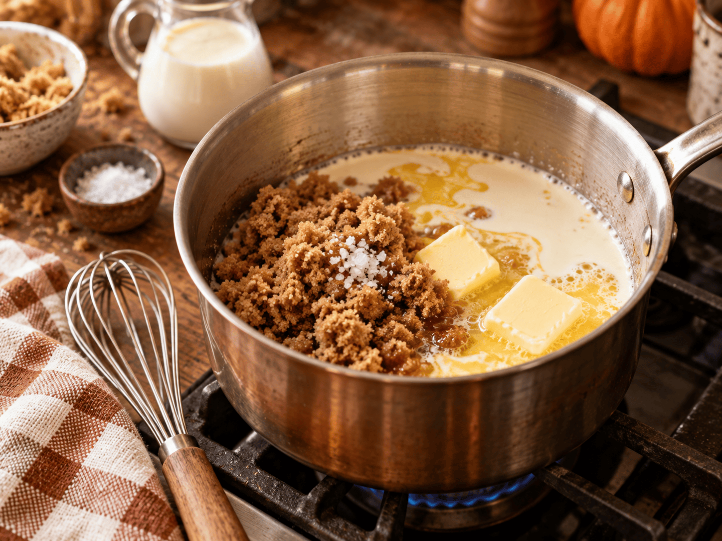 Brown sugar, butter, cream, and salt in a saucepan on the stove for making easy homemade caramel sauce.