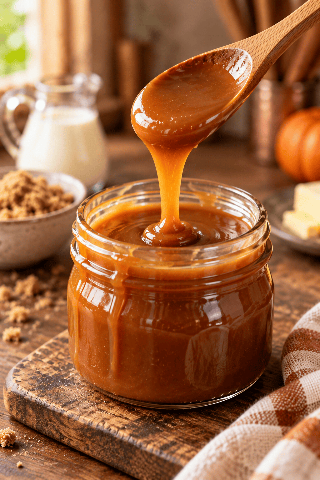 Thick homemade caramel sauce dripping from a wooden spoon into a glass jar.