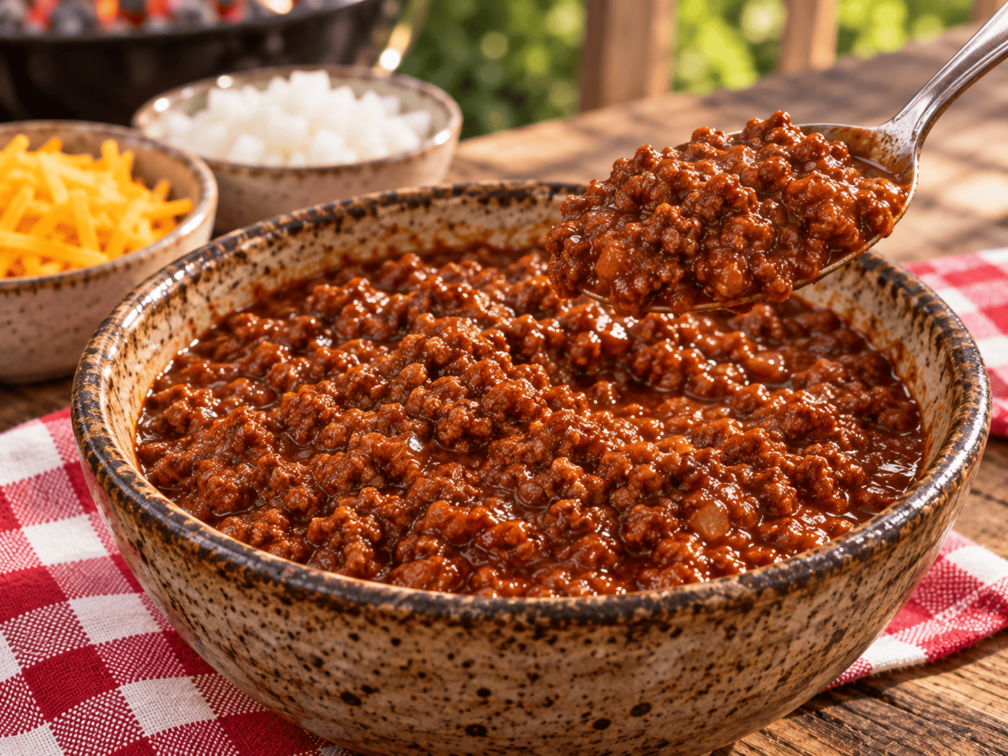 Bowl of thick homemade hot dog chili with finely crumbled ground beef in a ketchup and tomato sauce base