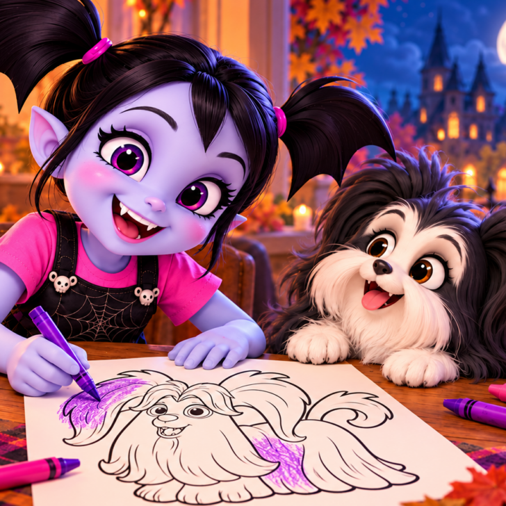 Blue-violet vampire girl colors a Wolfie activity sheet while her shaggy black-and-white dog watches beside her.