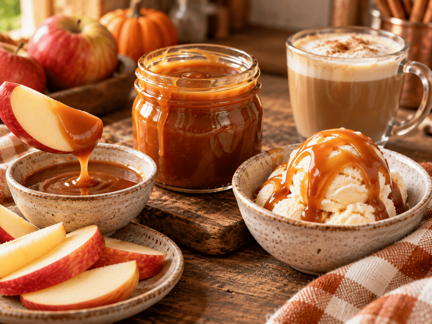 Homemade caramel sauce served with apple slices, vanilla ice cream, and a caramel coffee drink.