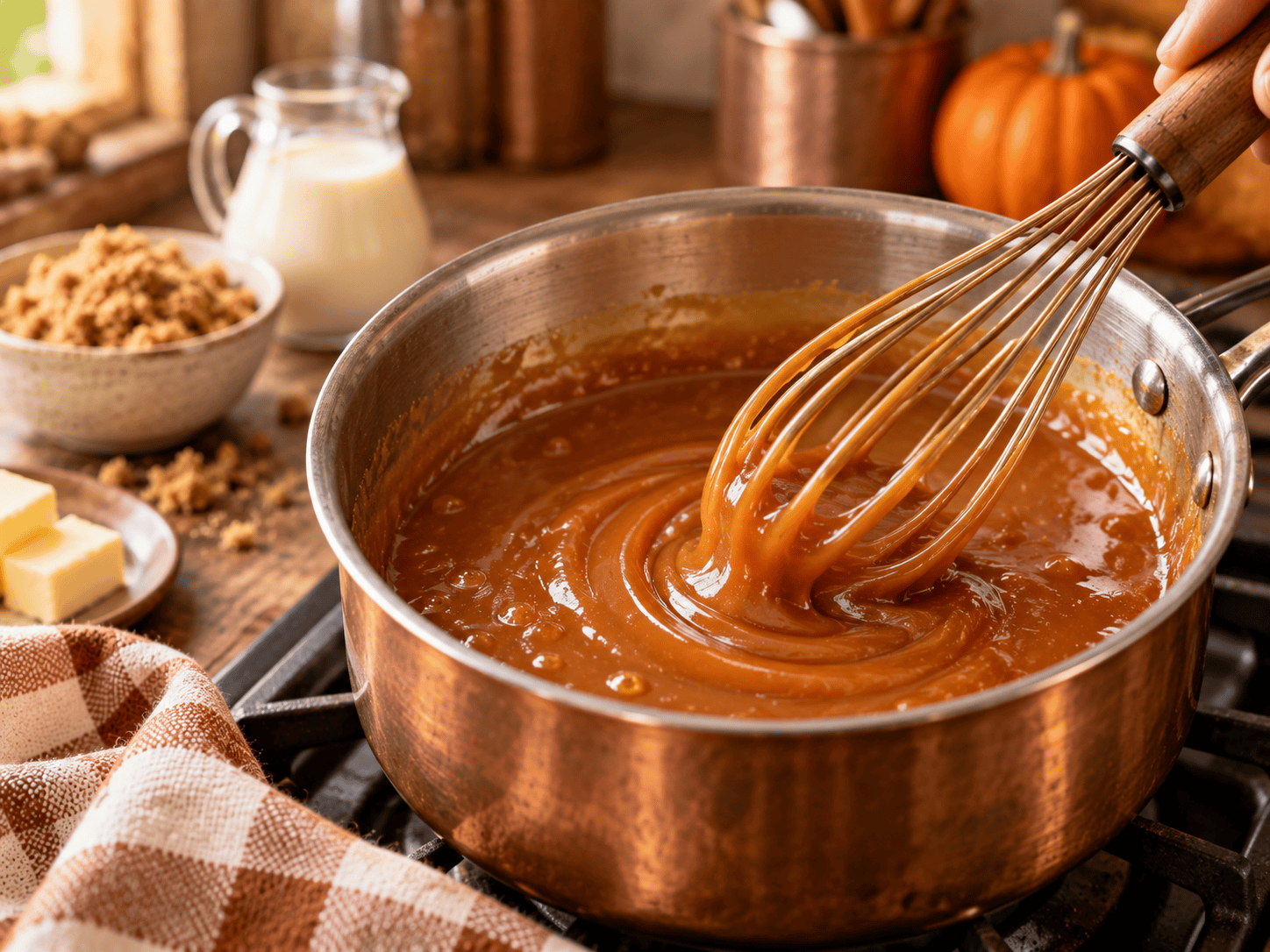 Homemade caramel sauce being whisked in a saucepan until smooth, glossy, and thickened.