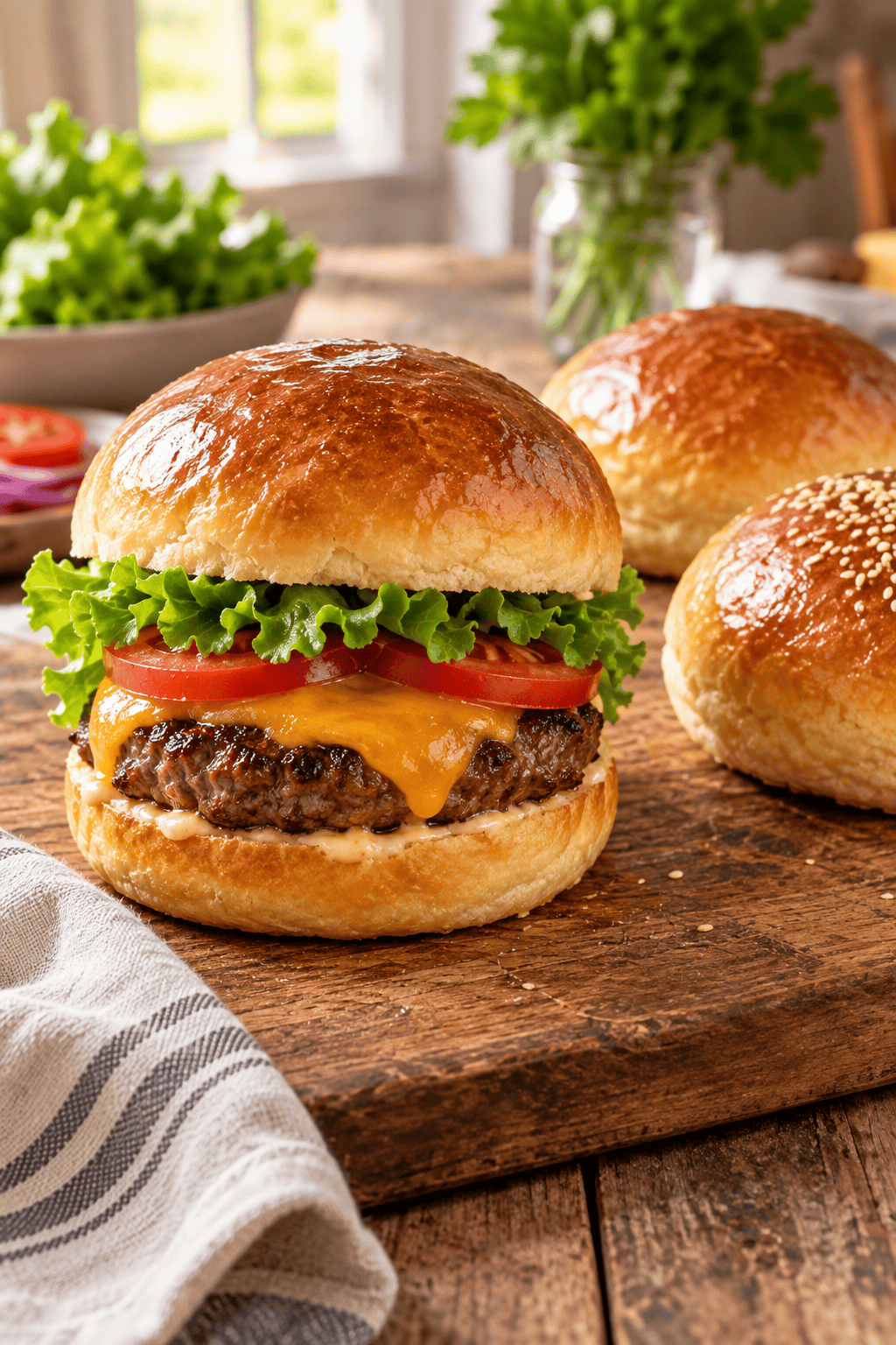 Cheeseburger served on a soft homemade hamburger bun with lettuce and tomato