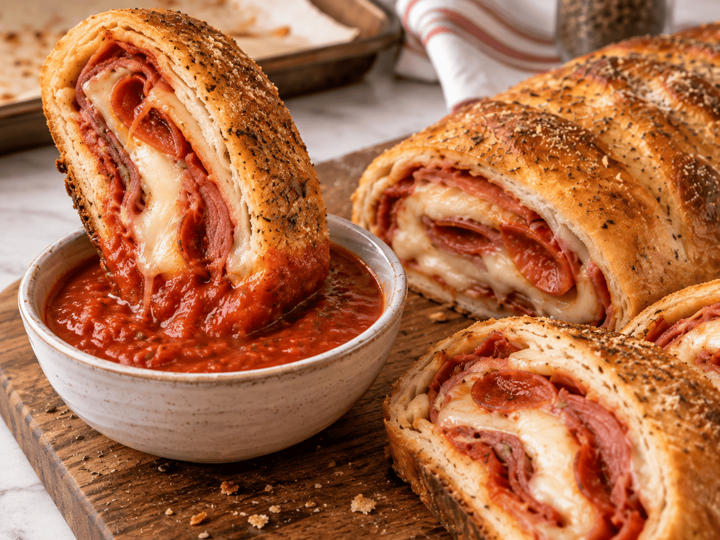 Cheesy stromboli slice dipped into warm marinara with melted mozzarella, pepperoni, and capicola visible inside
