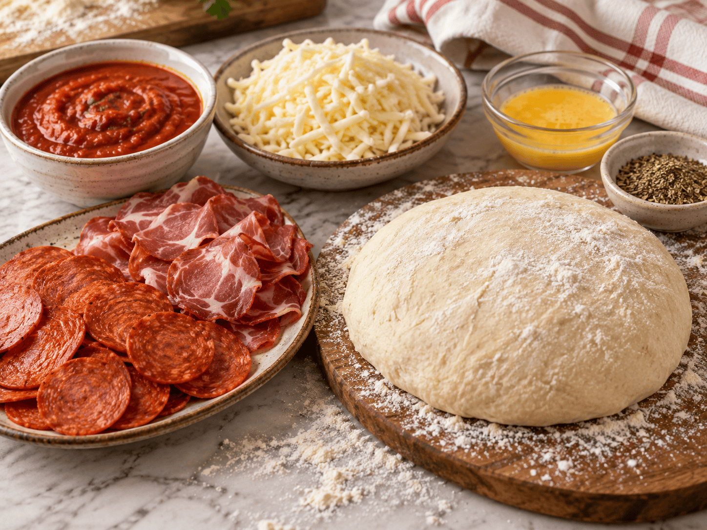 Ingredients for homemade stromboli including pizza dough, pepperoni, capicola, mozzarella, marinara, egg wash, and Italian seasoning