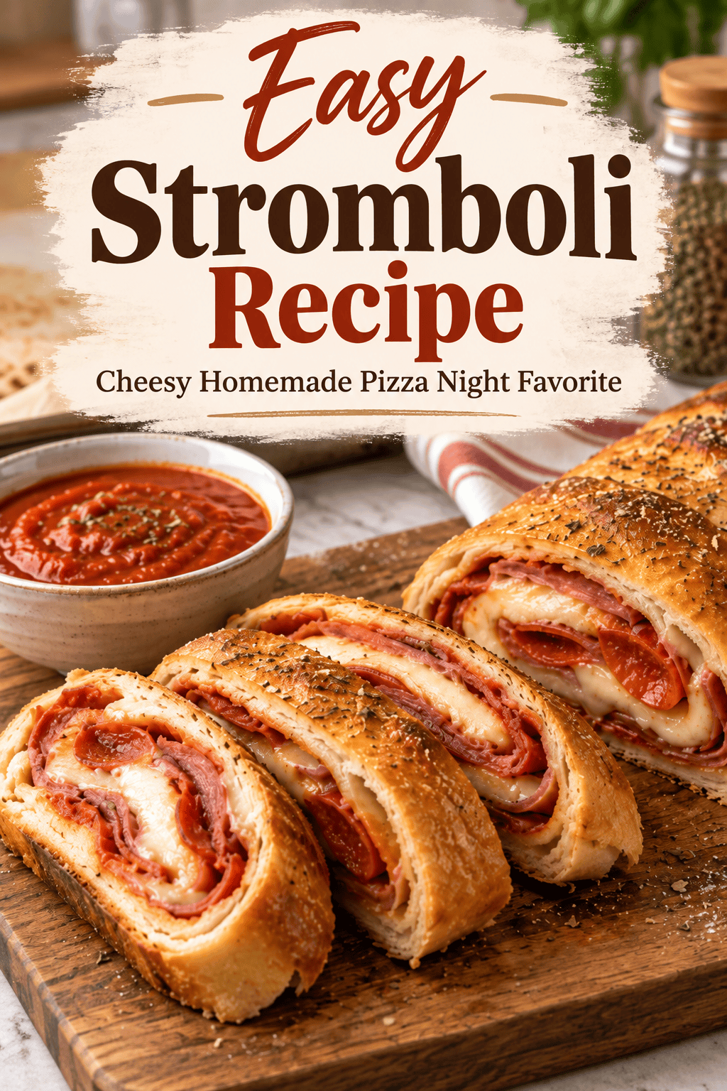 Easy Stromboli Recipe with sliced cheesy pepperoni and capicola stromboli served with marinara sauce