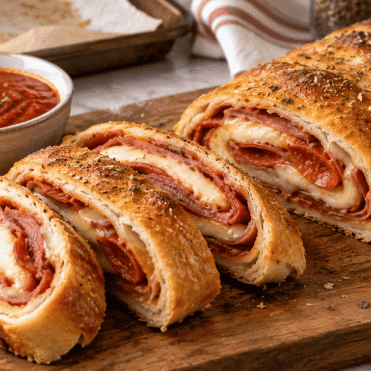 Easy stromboli recipe sliced on a wooden board with pepperoni, capicola, melted mozzarella, and marinara for dipping