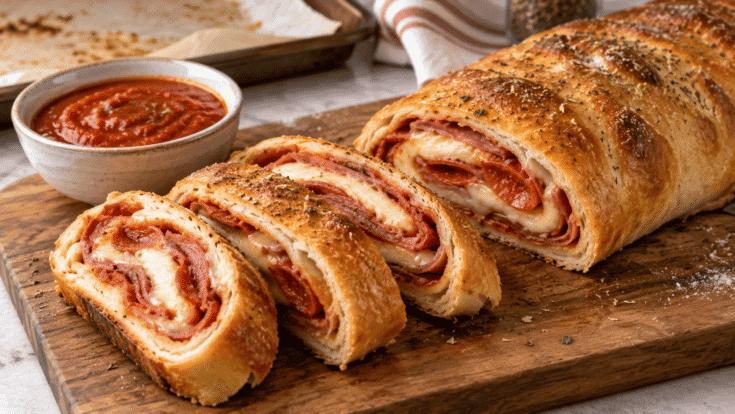 Easy stromboli recipe sliced on a wooden board with pepperoni, capicola, melted mozzarella, and marinara for dipping